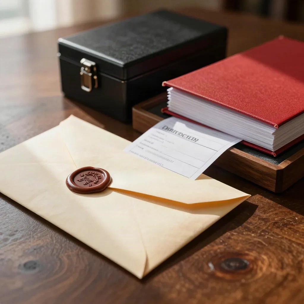 Demand envelopes, receipt stamp and cash box on dark wood in warm light.