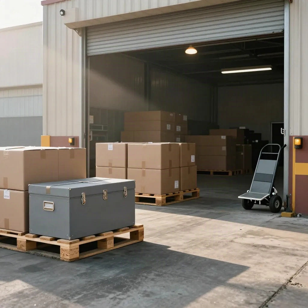 Empty warehouse dispatch lane with pallets, sealed archive box, and open dock in warm dust light.