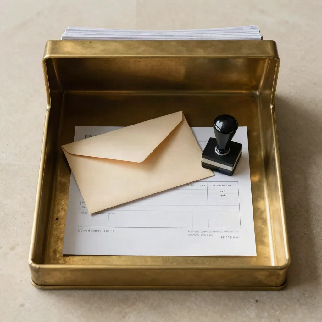 Top-down still life of a cleared invoice tray, remittance envelope and stamp on stone.