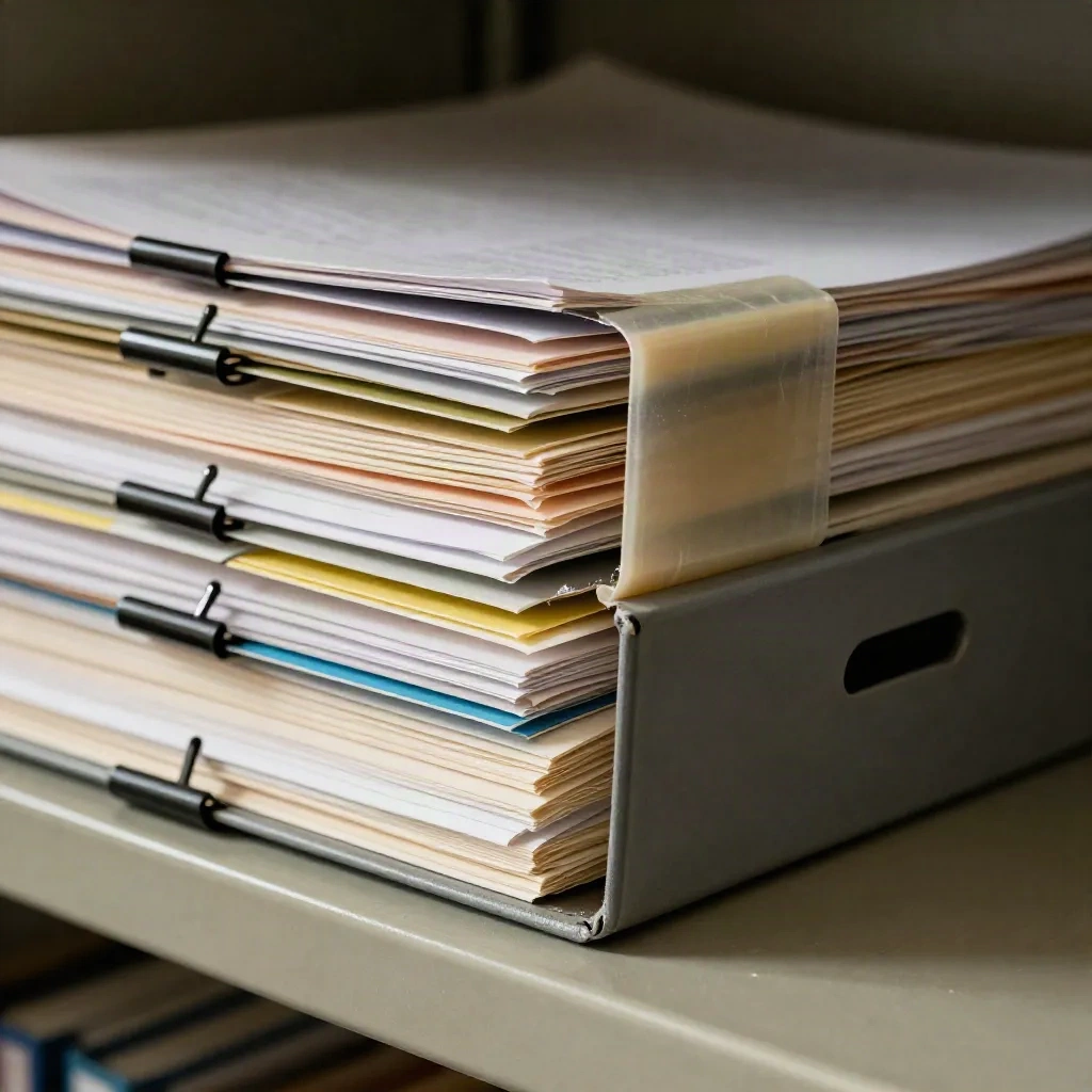 Court file clips, archival tape and coloured tabs on an evidence box close-up