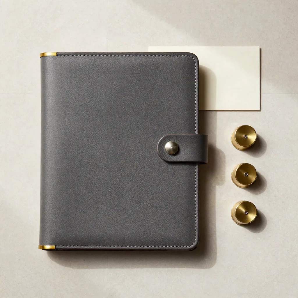 Overhead flatlay of leather folios, brass fee stamp, paperweights, and a cream card on stone.