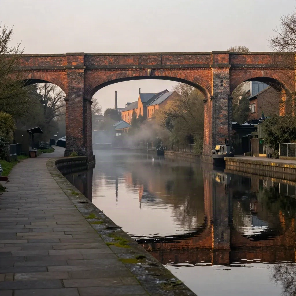 Birmingham canal basin with brick viaducts, still water, and hazy industrial rooftops at sunset